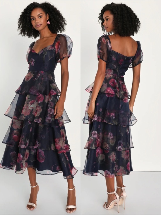 Lulus Dresses & Skirts - NWT Lulu’s Oh-So Stunning Navy Blue Floral Organza Tiered Midi Dress Medium